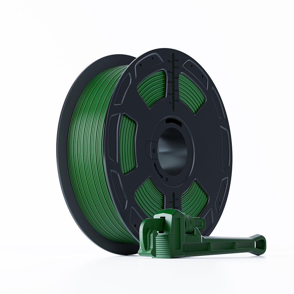 Spool of green filament on a gray background
