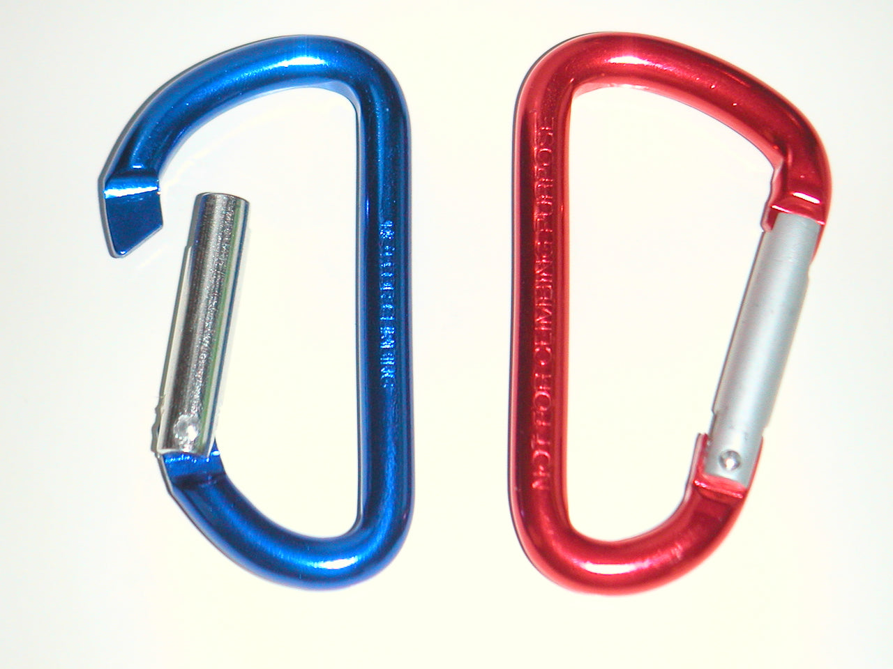Blue and red anodized aluminium clips, illustrating anodizing within the plating, anodizing and passivation category